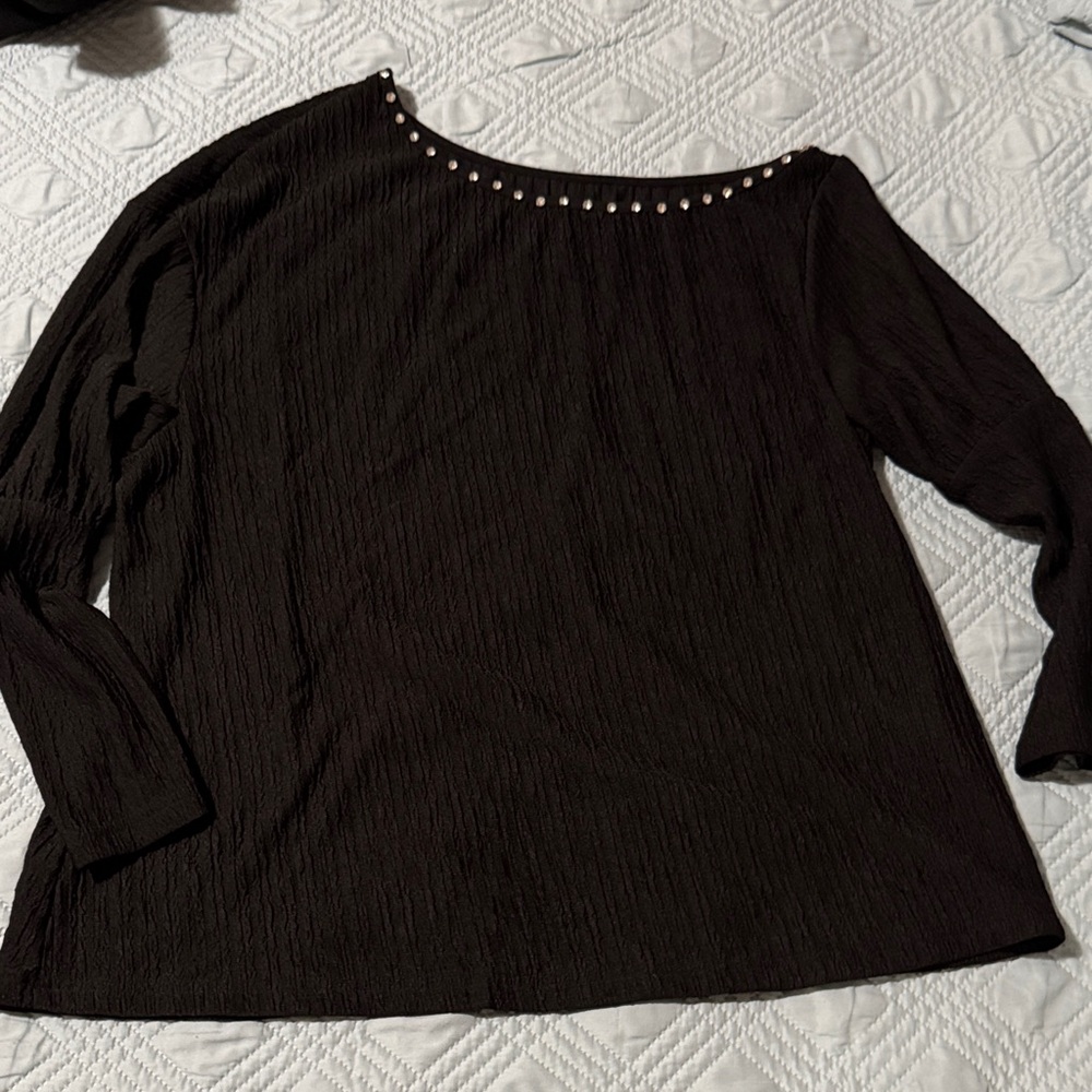 Elegant Black Women's Top with Studded Neckline with wide leg pants